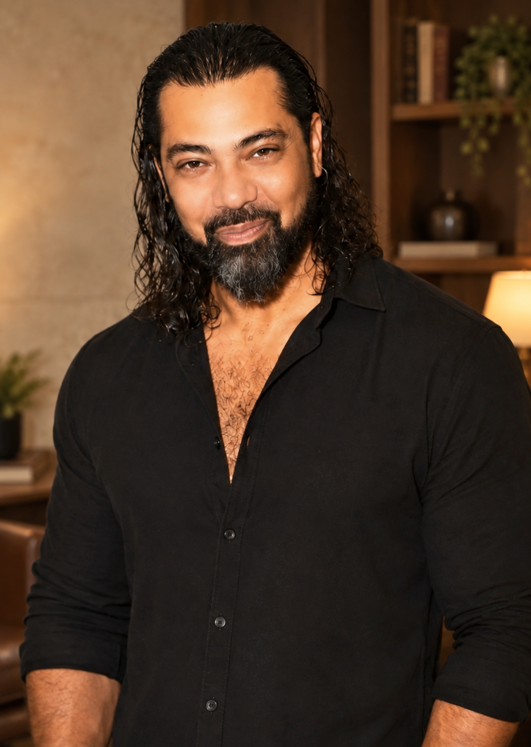Michael Neo in a black shirt, looking directly at the viewer in a warmly lit private study.